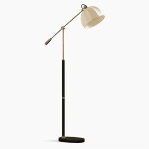 Anthony mid-century modern floor lamp with pleated fabric shade and adjustable swing arm, featuring black metal pole with brass details on white background