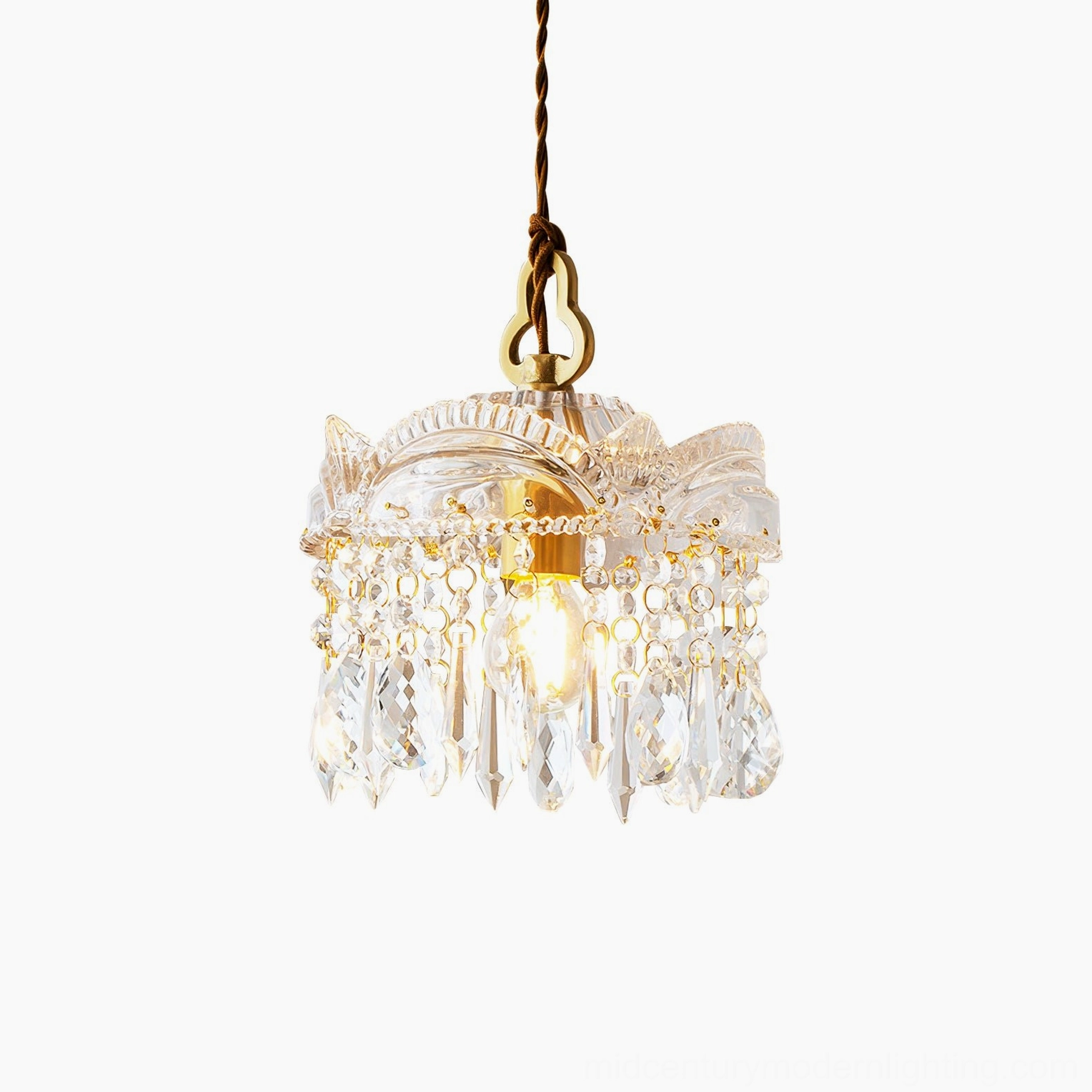 Dia 18cm crystal pendant with brass finish and teardrop crystal elements, dimensional product shot