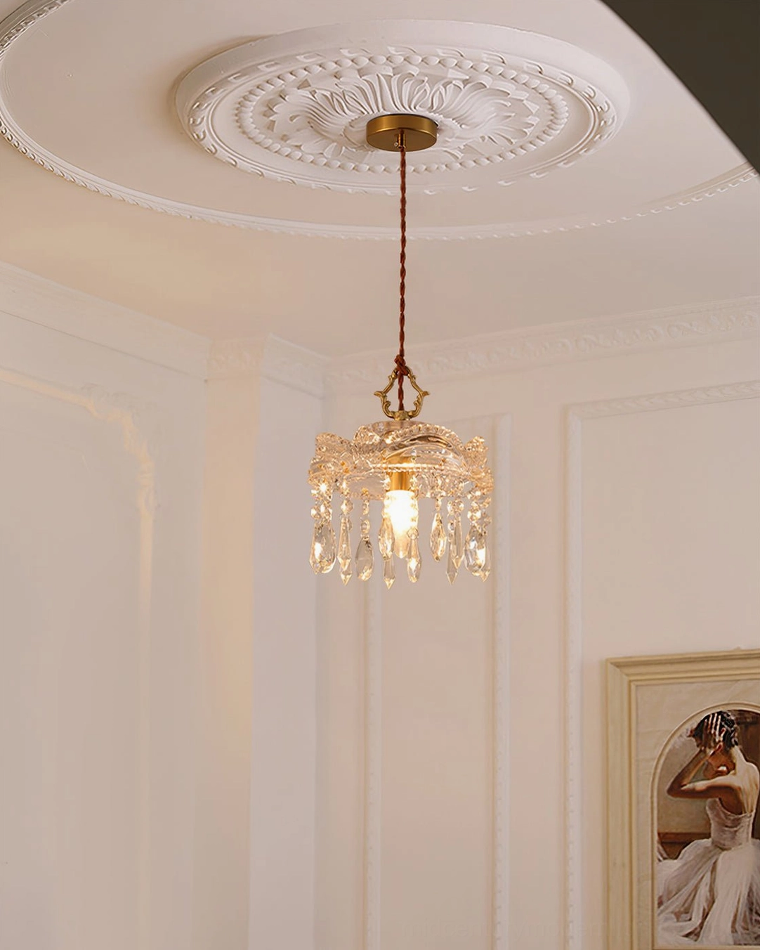 Compact vintage crystal pendant chandelier, delicate hand-cut crystal teardrops with brass mounting