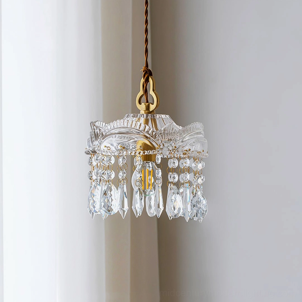 Mini vintage brass crystal pendant chandelier with delicate crystal beads, compact design front view