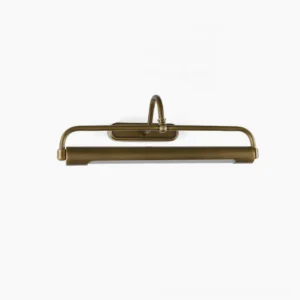 Antique brass gooseneck wall sconce with oval backplate and integrated LED, front view on white background