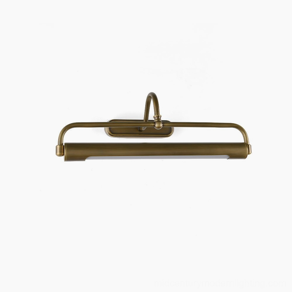 Antique brass gooseneck wall sconce with oval backplate and integrated LED, front view on white background