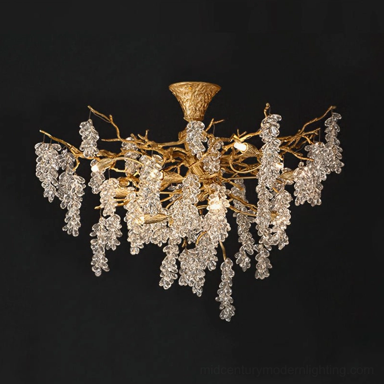 Antique brass grape bunch chandelier artistic detail showing organic branch formations and hand-crafted glass elements