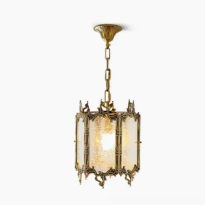 Antique brass glass lantern pendant light with frosted glass panels and detailed metal frame, overhead flat view showing geometric structure