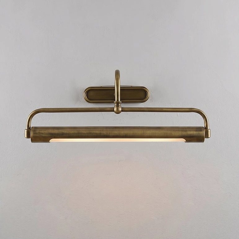 Vintage antique brass wall sconce with warm integrated LED lighting, front display