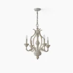 4-light antique distressed chandelier with scrolled metal arms and ornate detailing, front frontal view