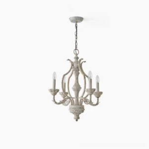 4-light antique distressed chandelier with scrolled metal arms and ornate detailing, front frontal view