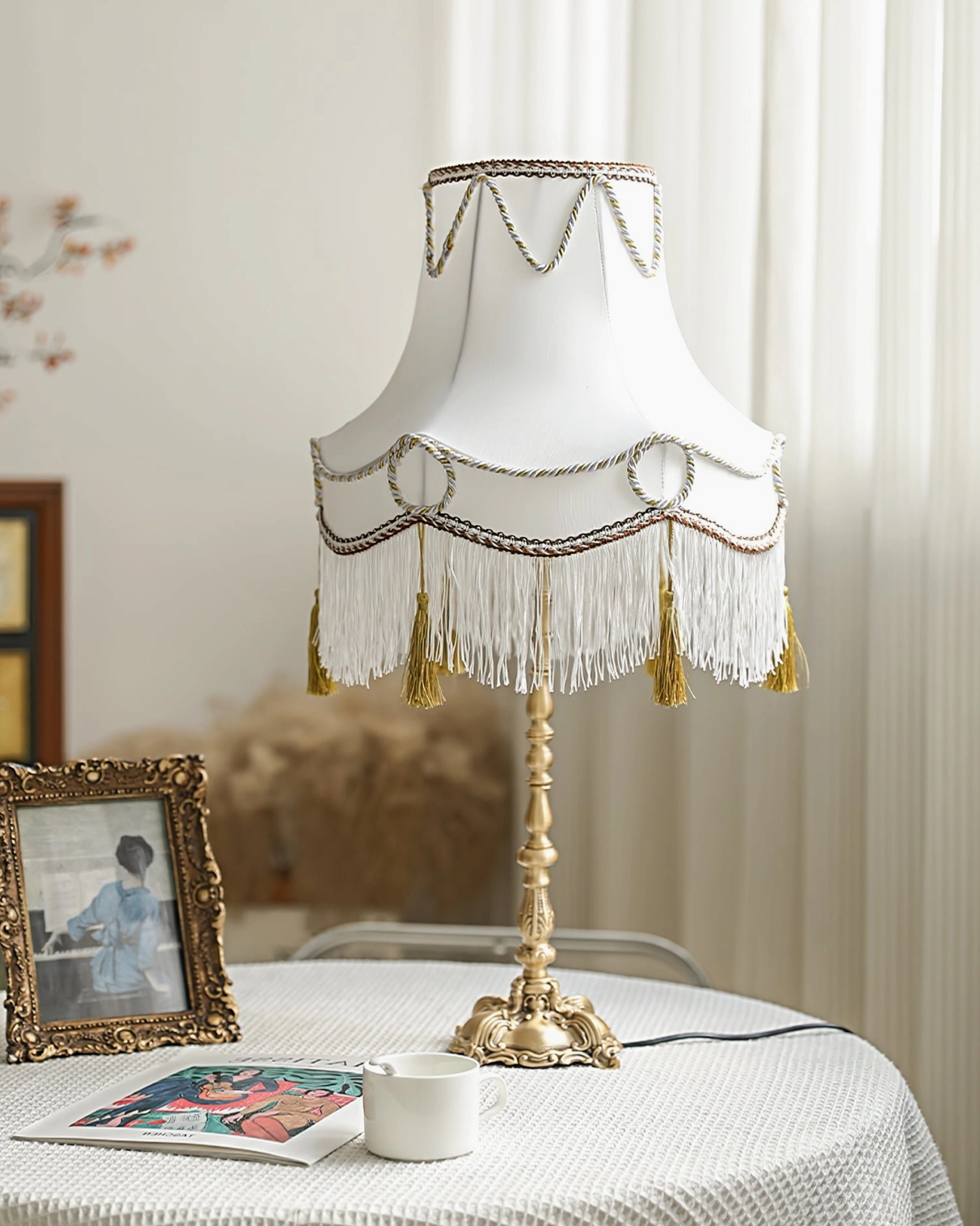 Antique-inspired Victorian brass table lamp showcasing elegant craftsmanship and fabric shade design