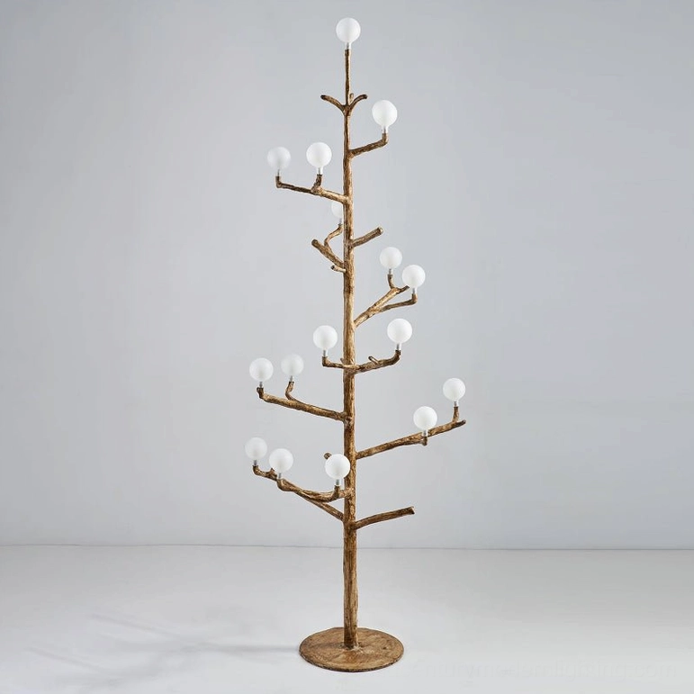 front view of sculptural antler floor lamp featuring symmetrical branching design with seventeen G4 bulbs in walnut-tone metal finish