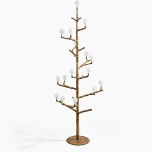 sculptural antler branch floor lamp with walnut finish against white studio backdrop, showcasing organic metal framework and spherical G4 bulbs