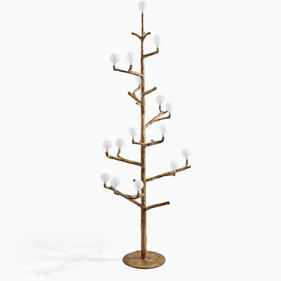 sculptural antler branch floor lamp with walnut finish against white studio backdrop, showcasing organic metal framework and spherical G4 bulbs