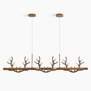 Antler branch linear chandelier overhead view studio shot with walnut wood-grain finish and frosted glass bulbs on white background