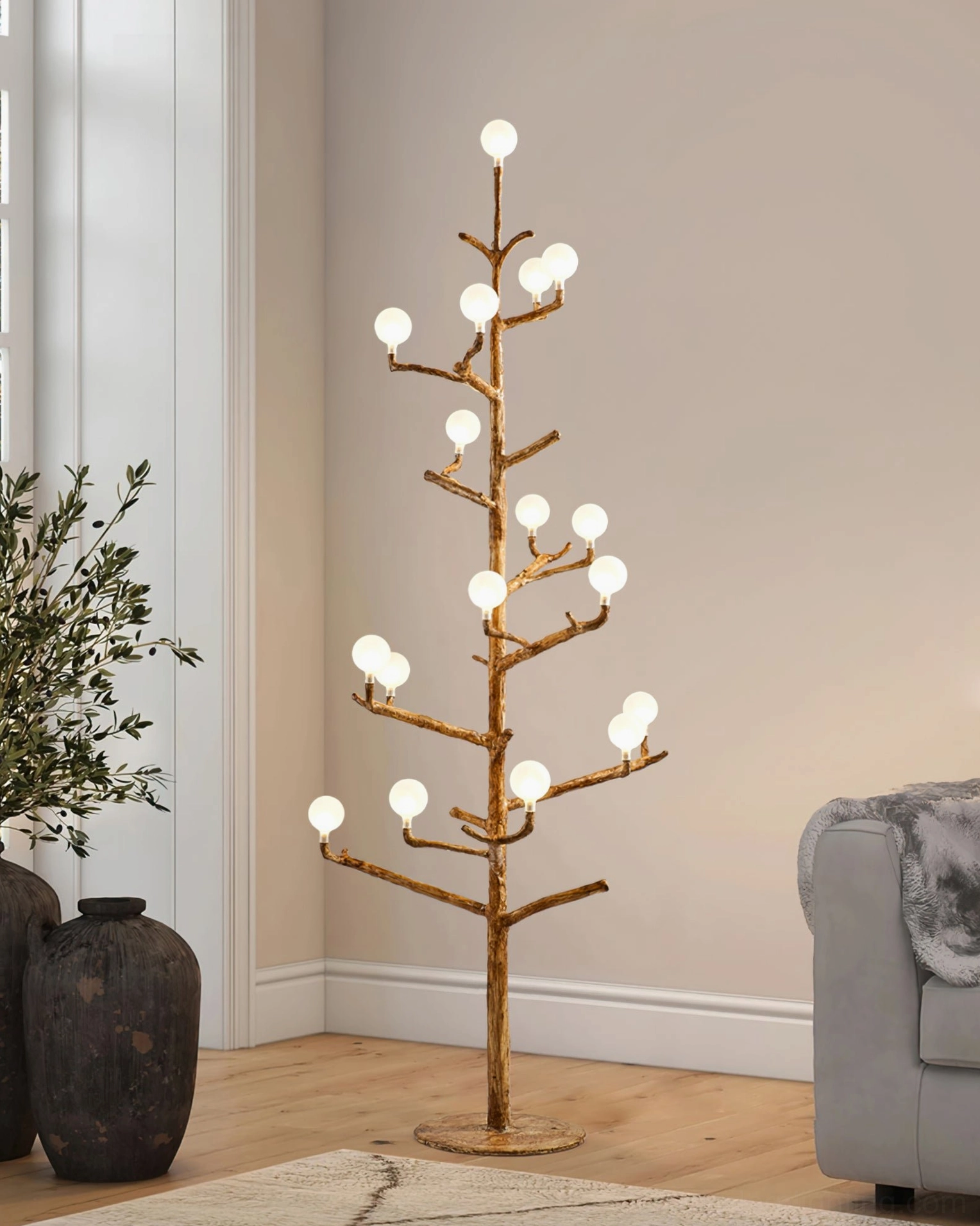 antler branch floor lamp styled in modern living room corner with boho decor, decorative vases, and comfortable seating, showing interior design integration