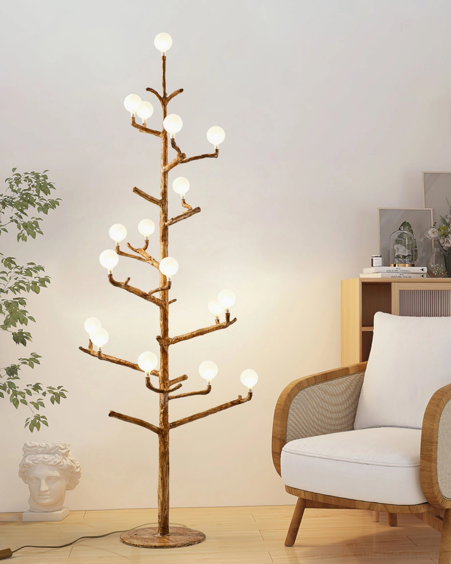 antler floor lamp positioned in cozy lounge corner with armchair and decorative sculpture, soft warm lighting in intimate seating area