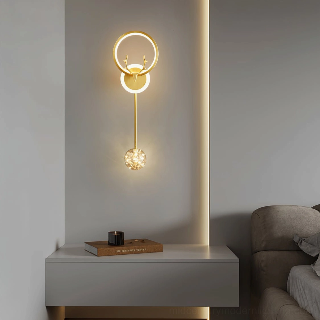 Antler wall lamp mounted in modern bedroom bedside setting with warm ambient glow and contemporary décor