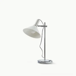 Anvia adjustable table lamp with chrome metal frame and white shade, side view on studio background