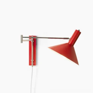 Anvia articulated plug-in wall lamp in red finish, minimalist mid-century modern design on white background