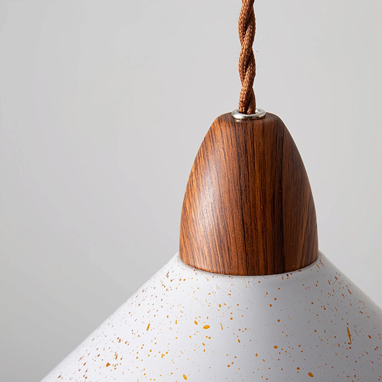 Anye conical pendant lamp with water transfer printed wood grain cap and metal construction