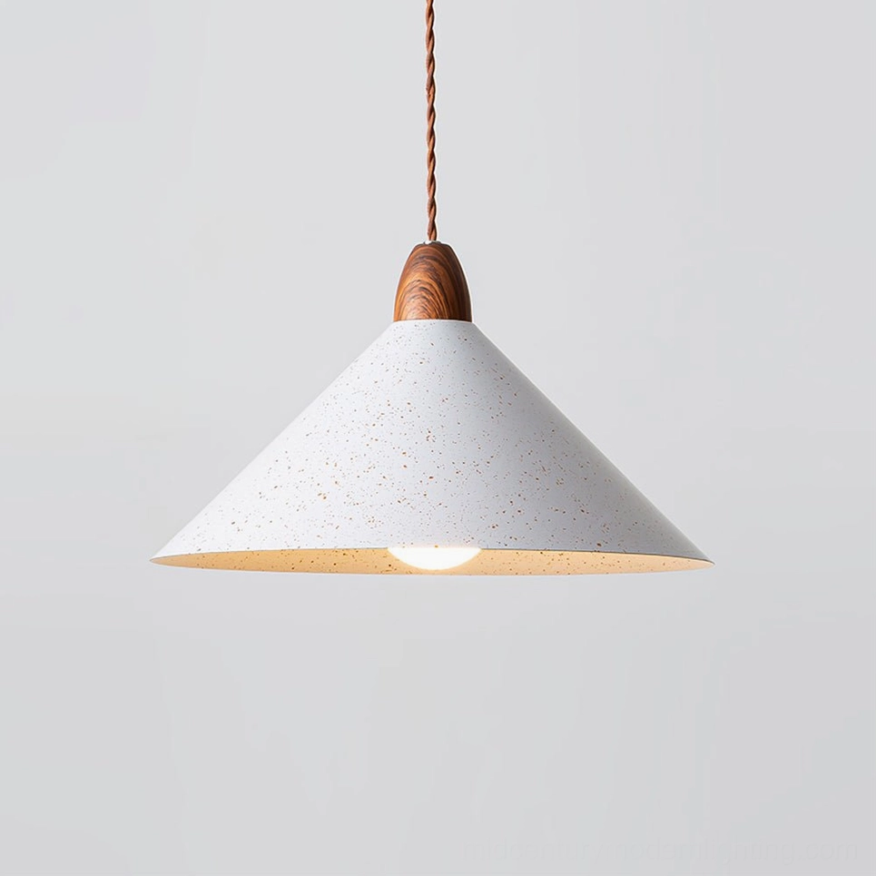 Close-up view of Anye pendant lamp showing wood grain water transfer print on cap and warm ambient glow