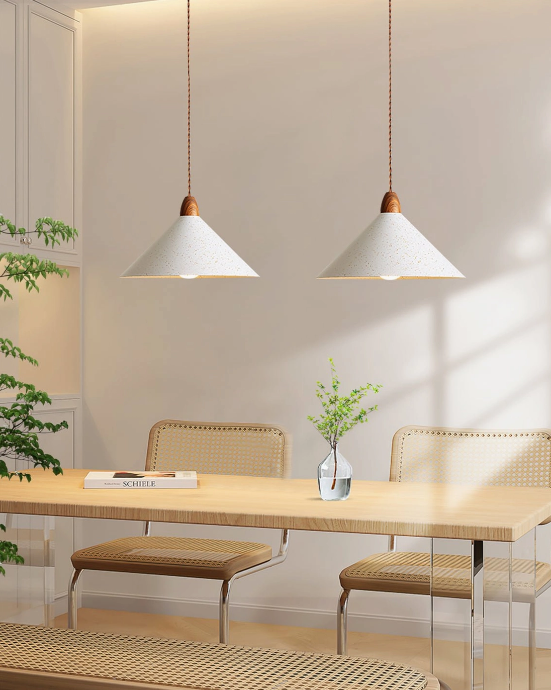 Anye modern pendant light fixture - metal and wood grain construction detail view
