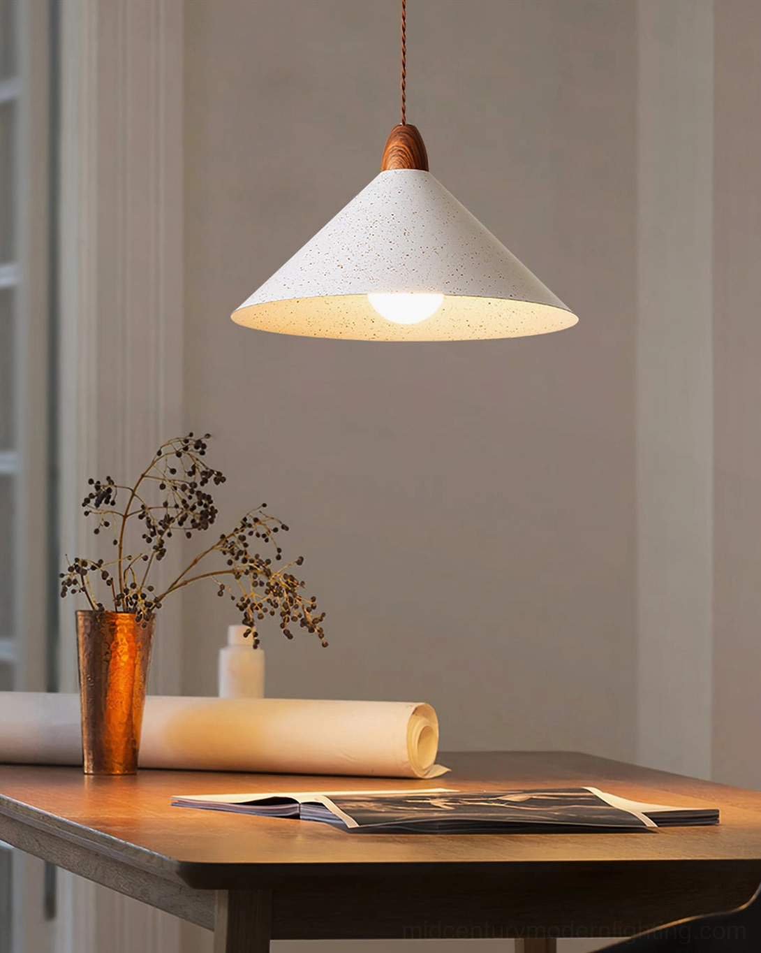 Anye wood grain and white metal pendant light - Scandinavian minimalist aesthetic detail shot