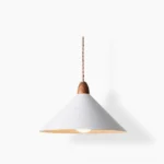 Anye modern conical pendant light with wood grain detail in white - minimalist Scandinavian design