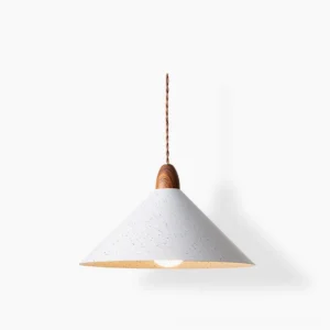 Anye modern conical pendant light with wood grain detail in white - minimalist Scandinavian design
