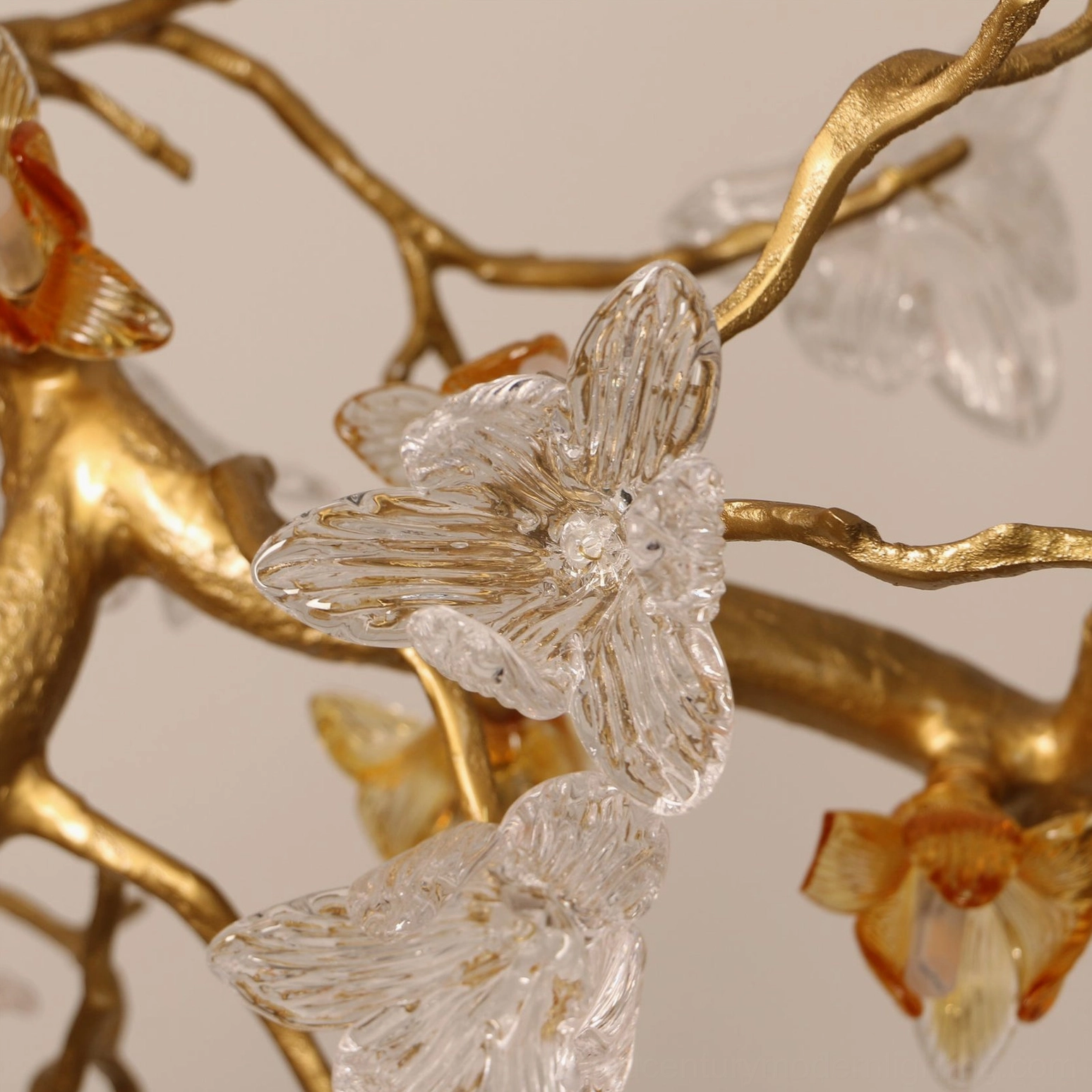 Aosta Branch Chandelier in ambient room setting showing mid-century modern brass and glass design aesthetic