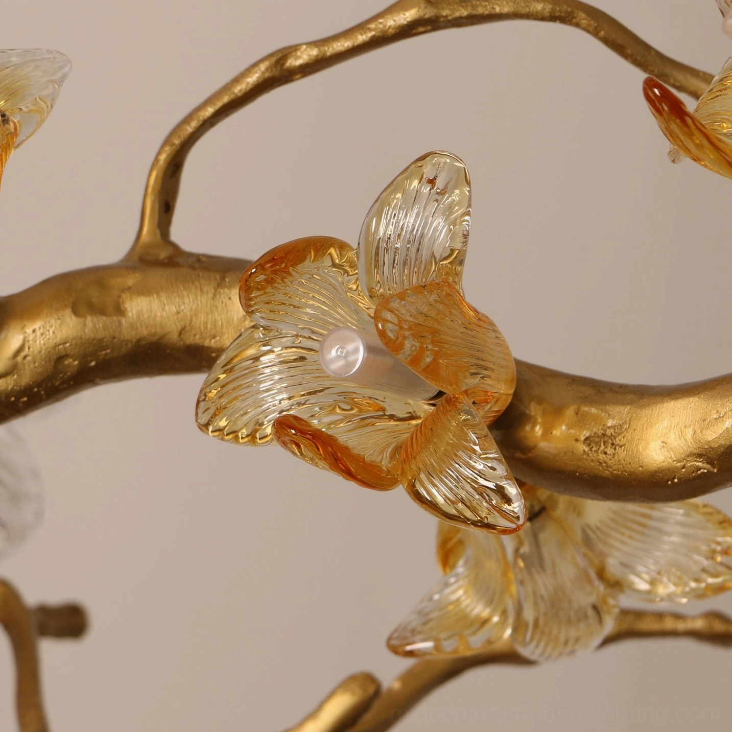 Aosta Branch Chandelier side profile showing sprawling brass branches and glass flower distribution across 70.9 inch width