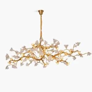Aosta Branch Chandelier top-down studio view showing 32 glass flowers and brass framework spanning 70.9 inches
