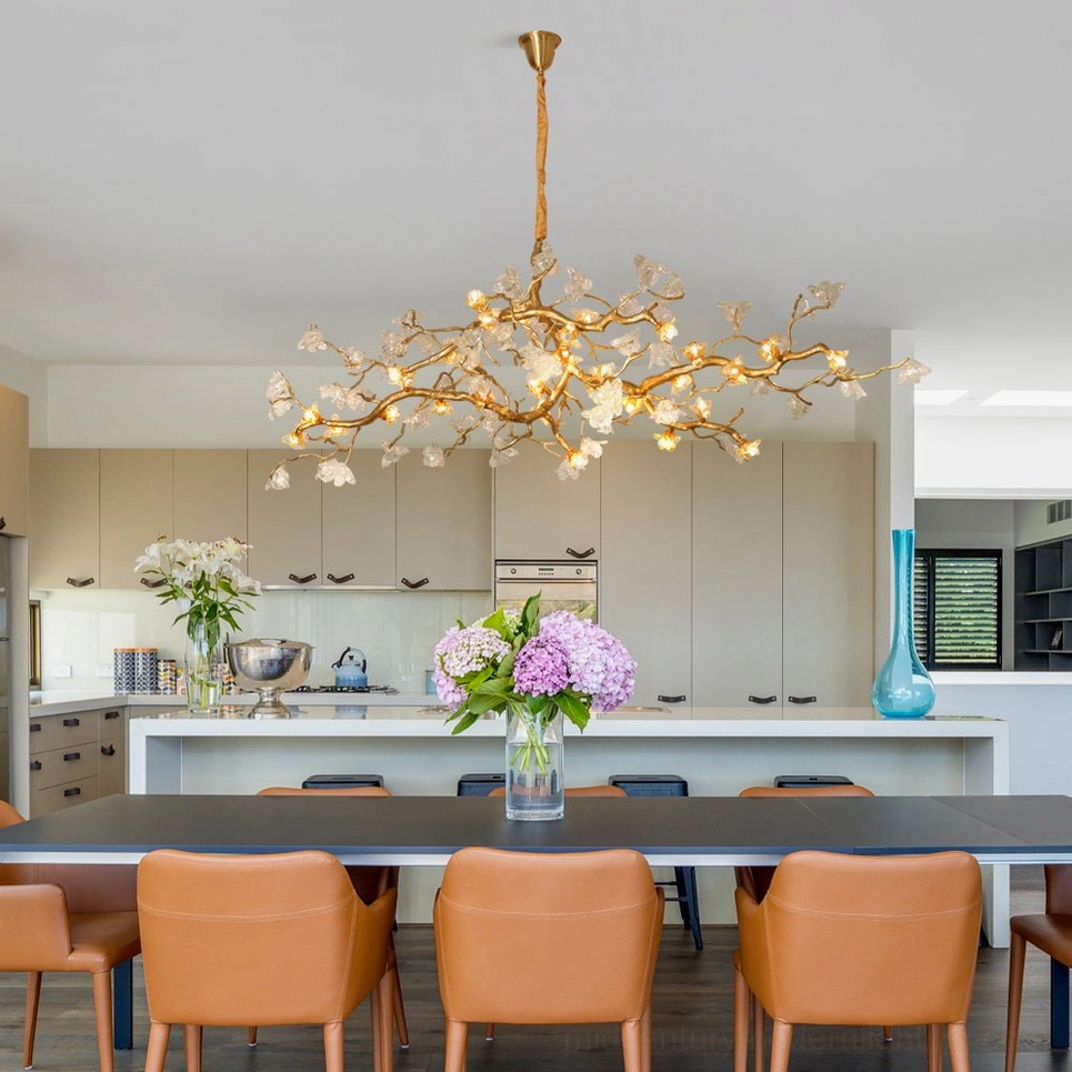 Aosta Branch Chandelier in modern kitchen dining space with neutral luxury home interiors and natural lighting