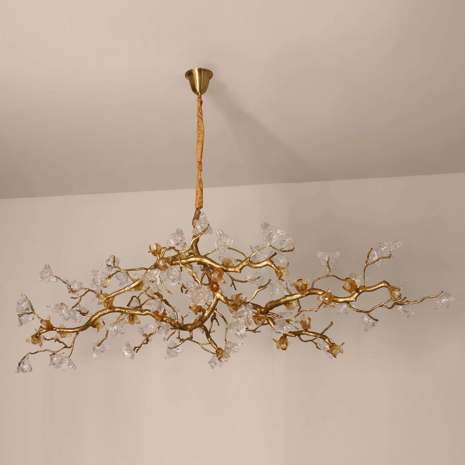 Aosta Branch Chandelier unlit front view showing brass framework and clear hand-formed glass petals