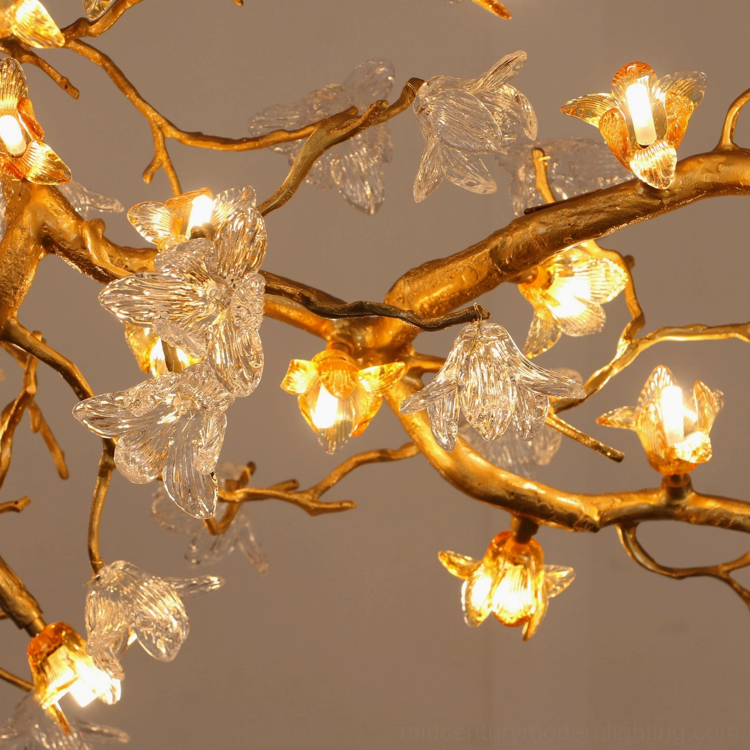Aosta Branch Chandelier detailed view of G9 socket integration within glass flower bloom structure