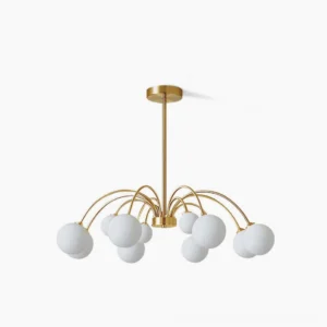 Apiales mouth-blown glass globe chandelier with frosted domes and brushed brass frame, overhead studio view