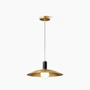 Aplomb brass pendant light with saucer shade on white background, modern minimalist ceiling fixture
