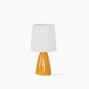 Apollo ceramic pleated fabric table lamp with orange base and white shade, flat front view
