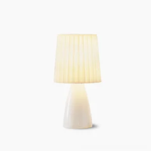 Apollo table lamp with beige pleated shade and white ceramic base, minimalist Scandinavian design