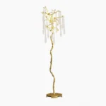 Aqua Babylonica crystal branch floor lamp front view with brass structure and hanging glass droplets on white background
