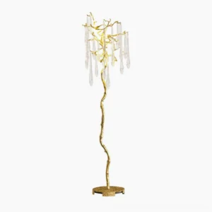 Aqua Babylonica crystal branch floor lamp front view with brass structure and hanging glass droplets on white background