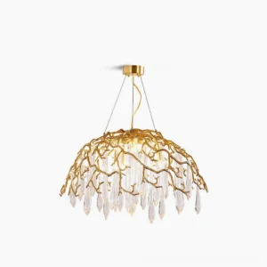 Aqua Dome Modern Brass Chandelier with Clear Crystal Pendants - Front View Product Shot
