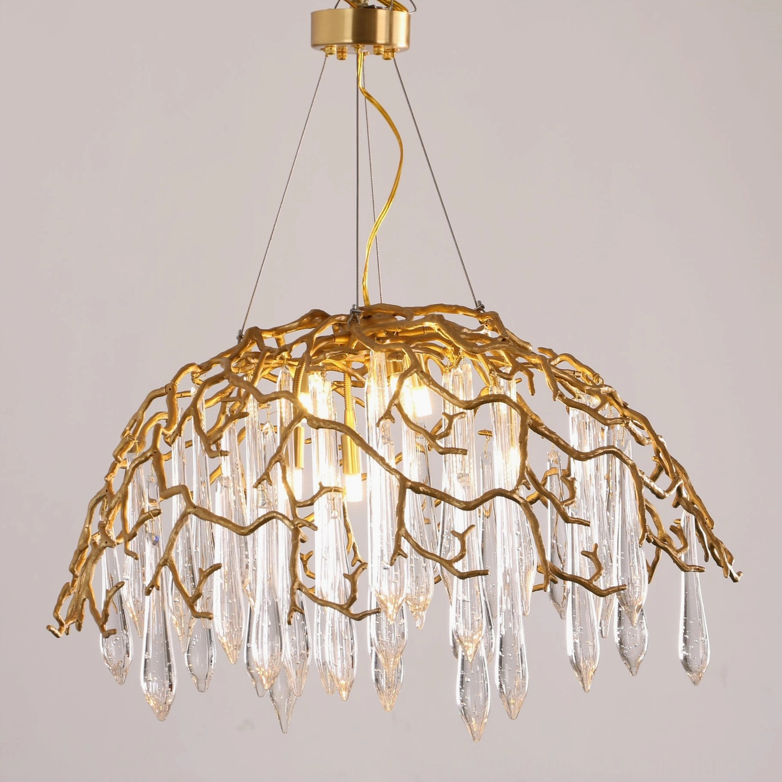 Aqua Dome Modern Brass Chandelier Bottom View Crystal Pendants