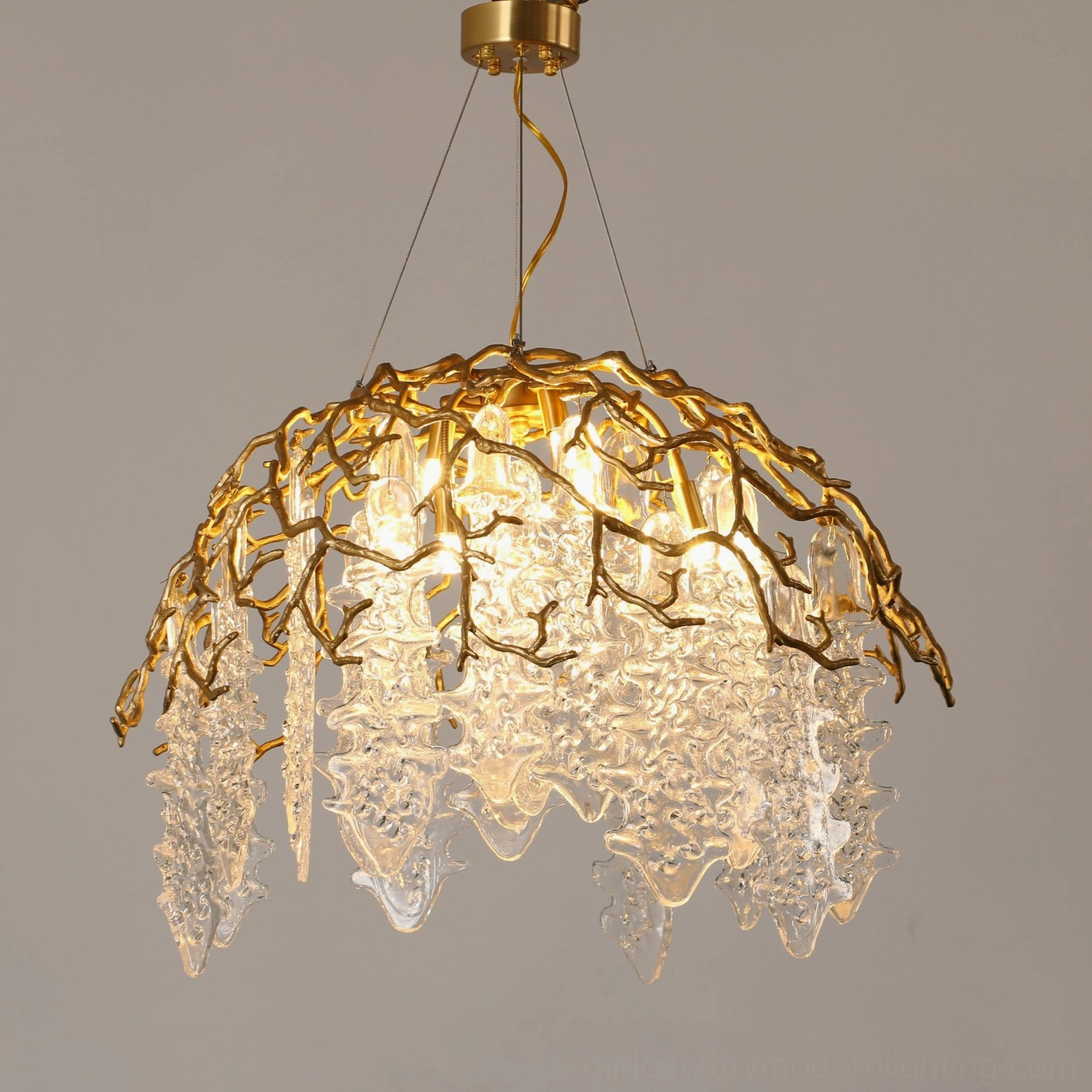 Close-up Detail of Aqua Dome Chandelier Brass Branches and Glass Drops