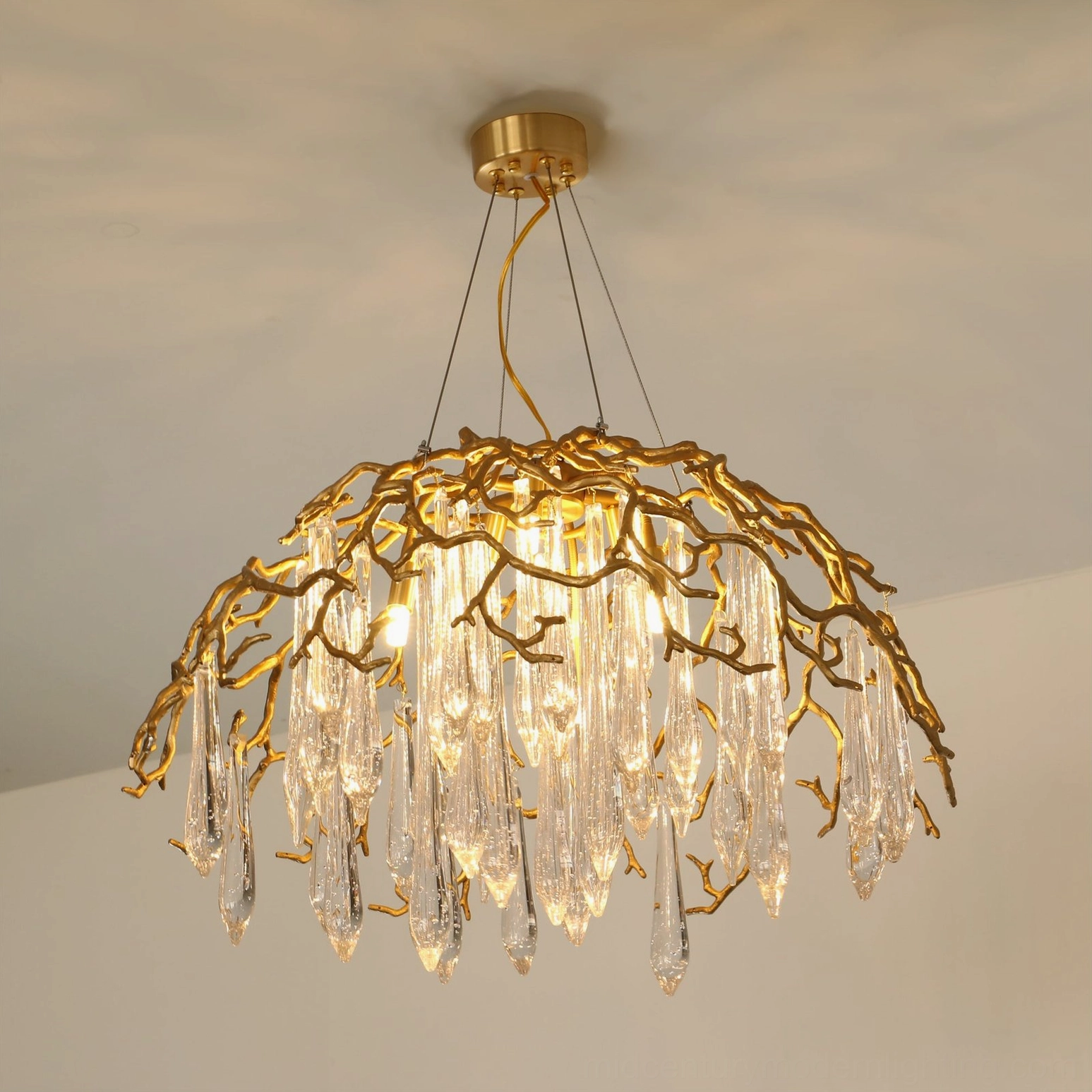 Aqua Dome Crystal Chandelier Brass Branch Pattern and Geometry