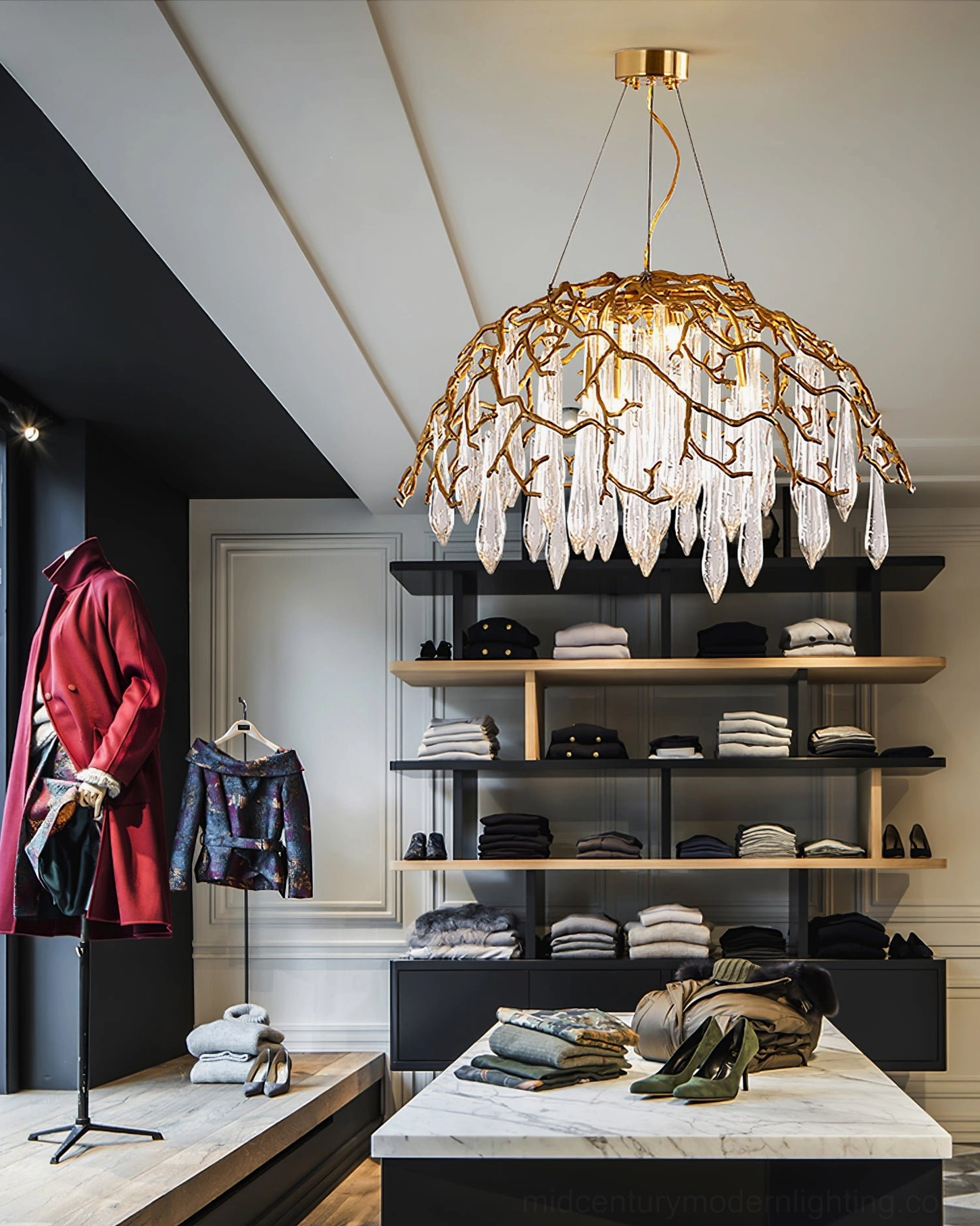 Aqua Dome Brass Chandelier in Luxury Walk-In Closet Space