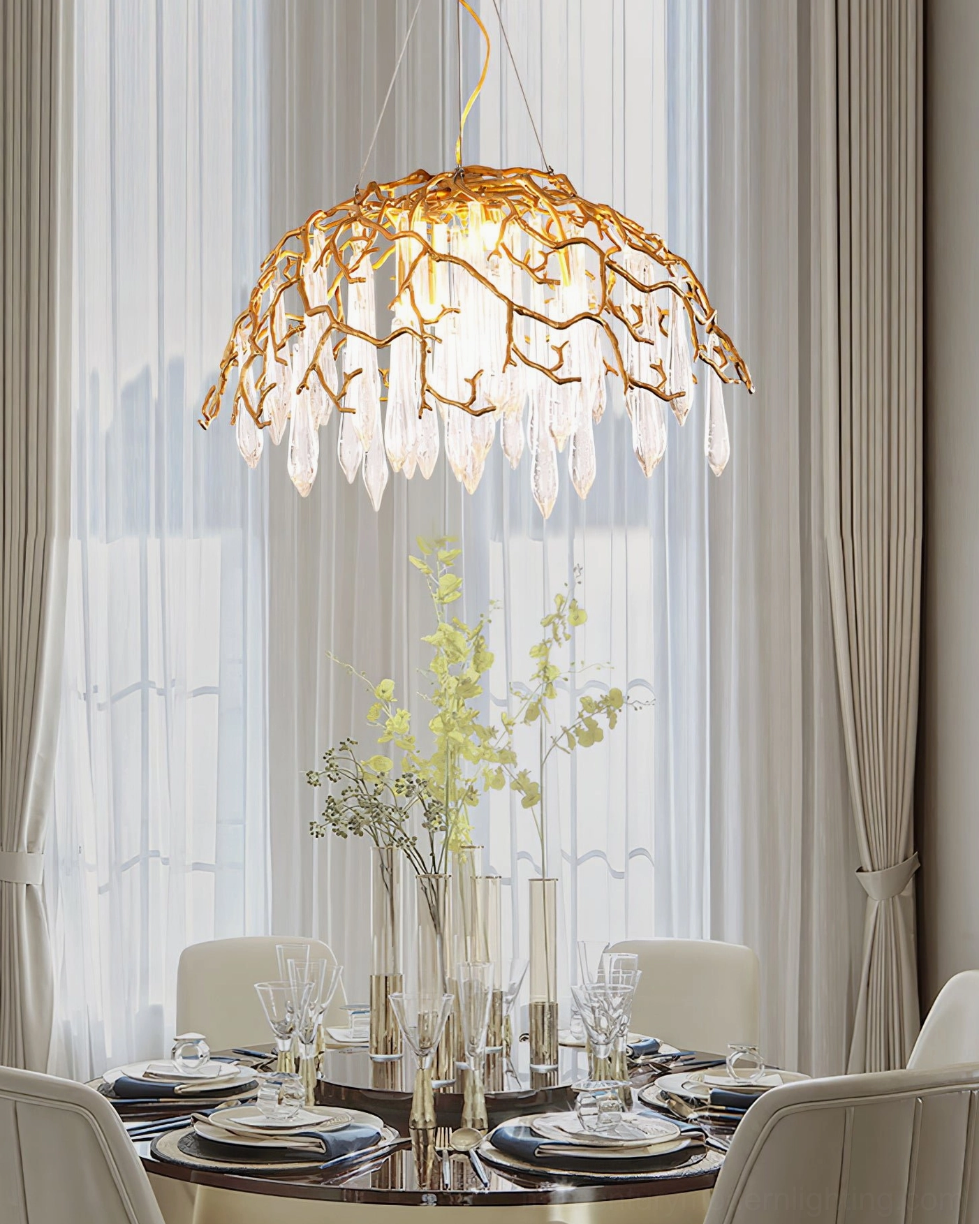Aqua Dome Chandelier in Modern Dining Room with Natural Light