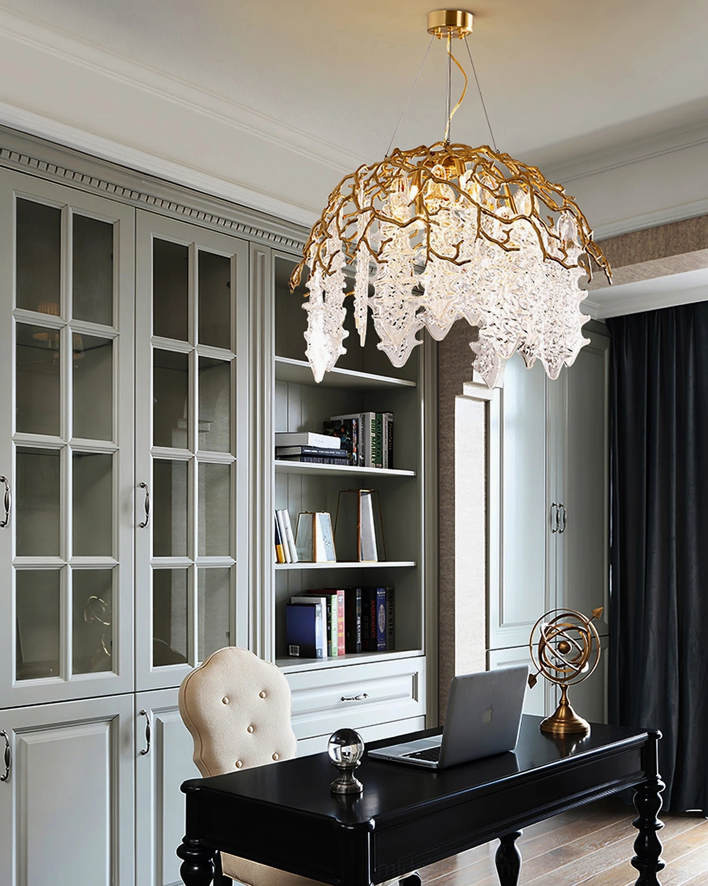 Aqua Dome Modern Chandelier in Home Office Study with Built-in Shelving