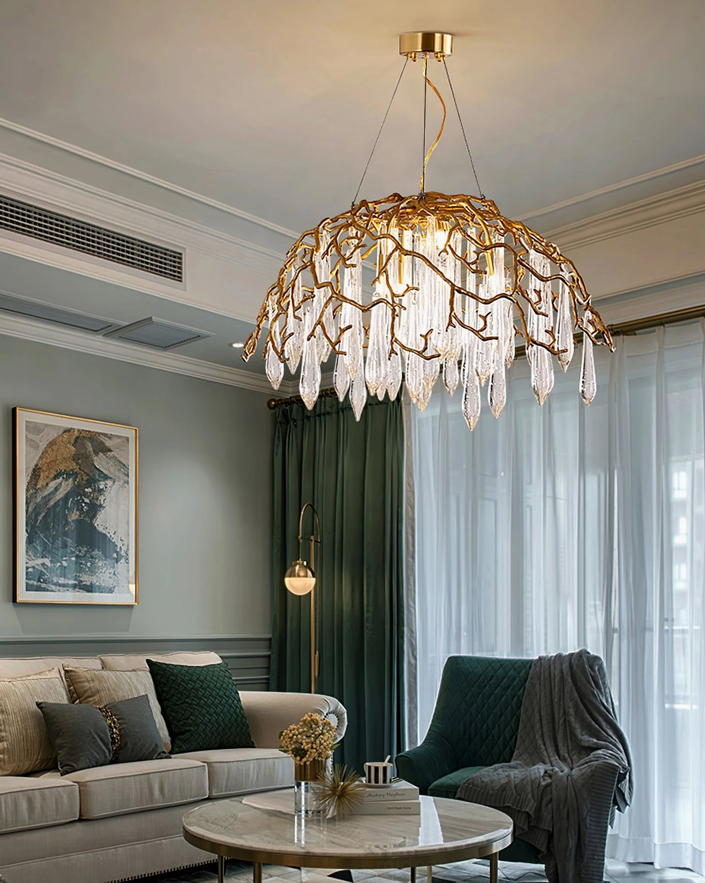 Aqua Dome Brass Crystal Chandelier in Modern Luxury Living Room