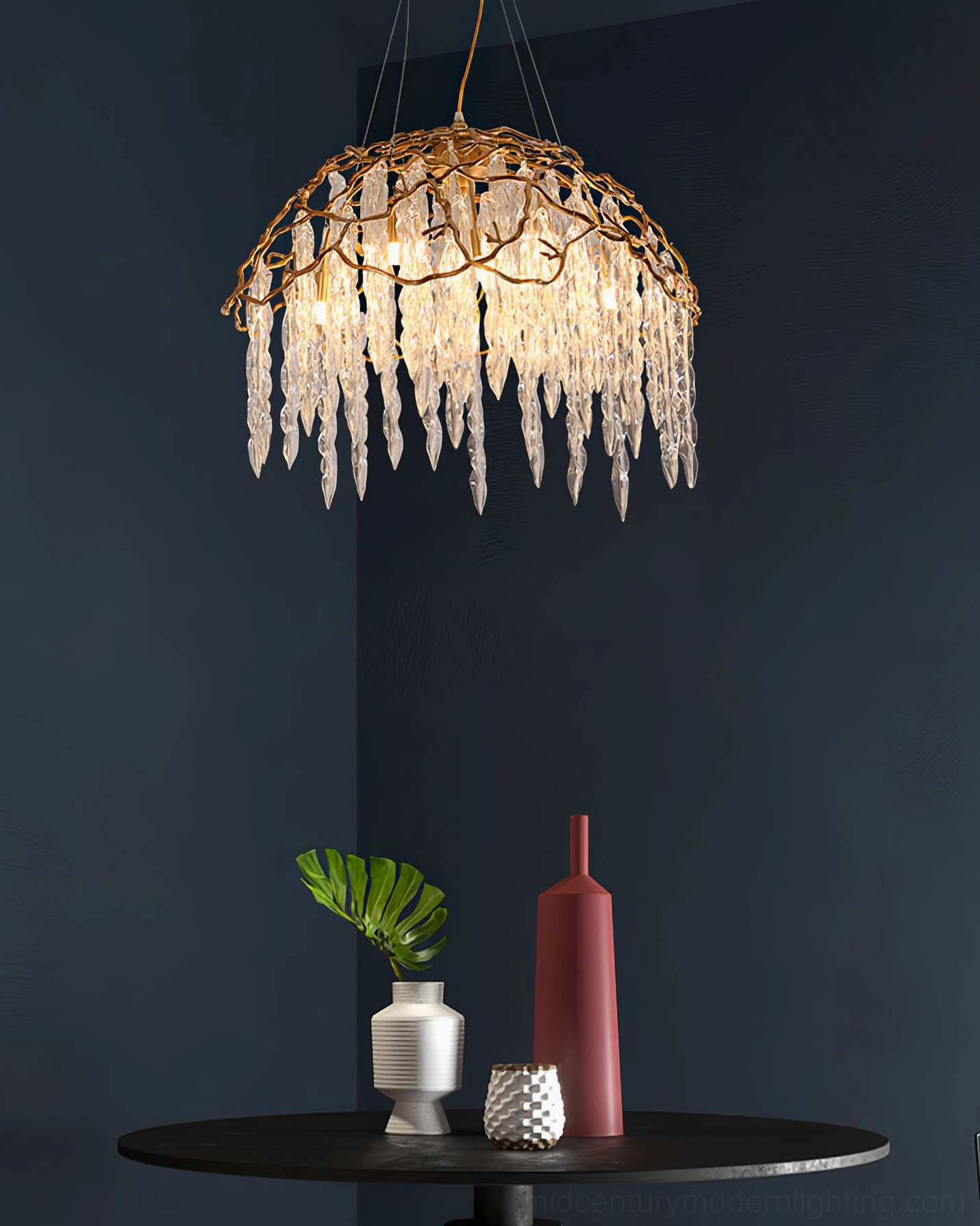 Aqua Dome Modern Chandelier Mounted in Minimalist Interior with Dark Accent Wall