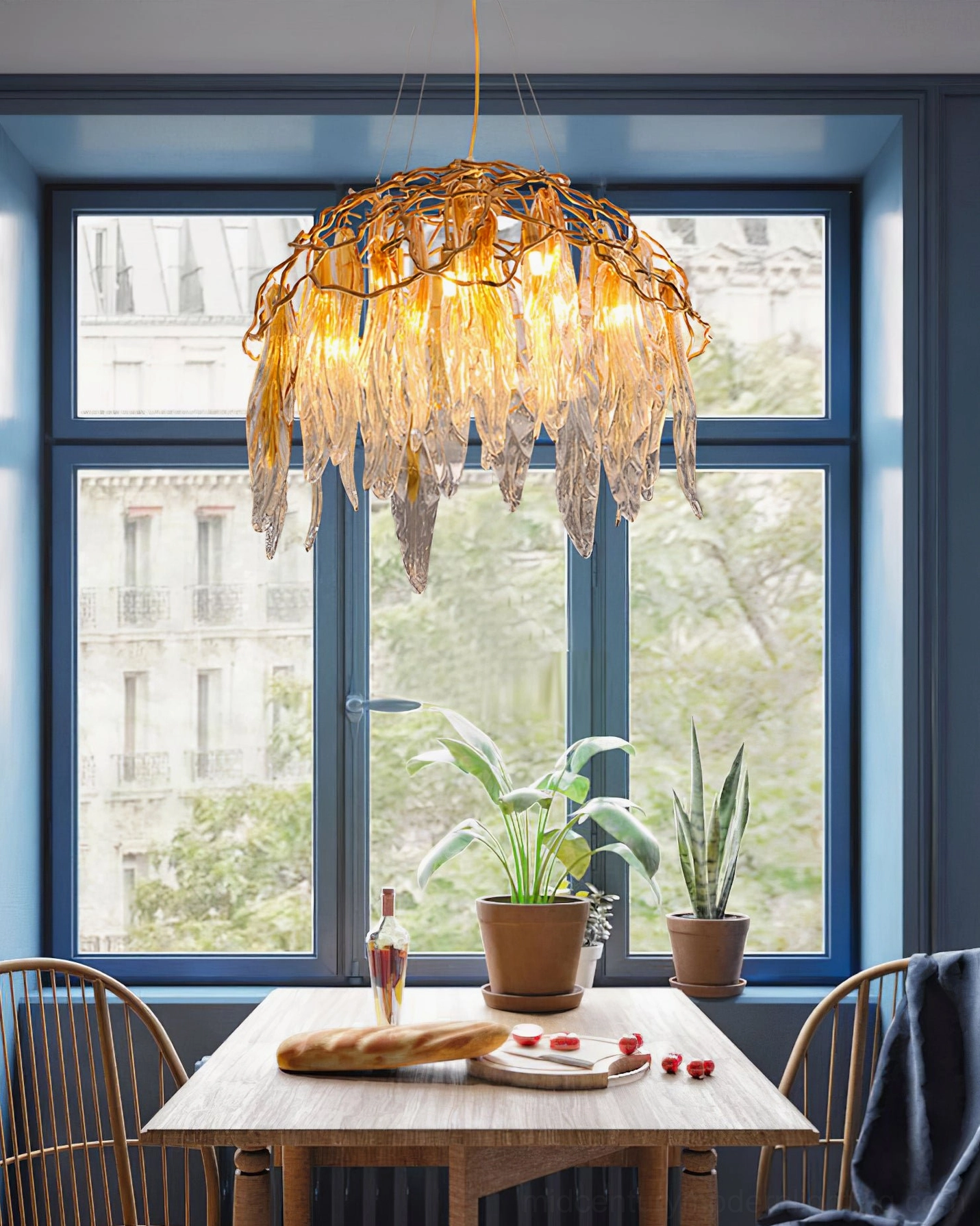 Aqua Dome Chandelier Warm Lighting in Sunlit Dining Nook by Window