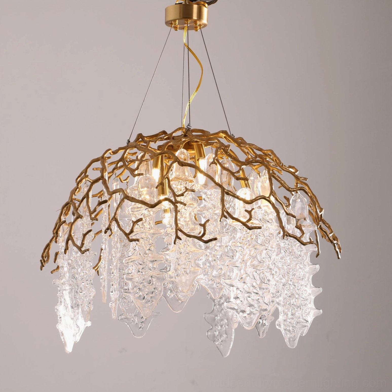 Aqua Dome Chandelier Side Profile Showing Brass Branch Structure